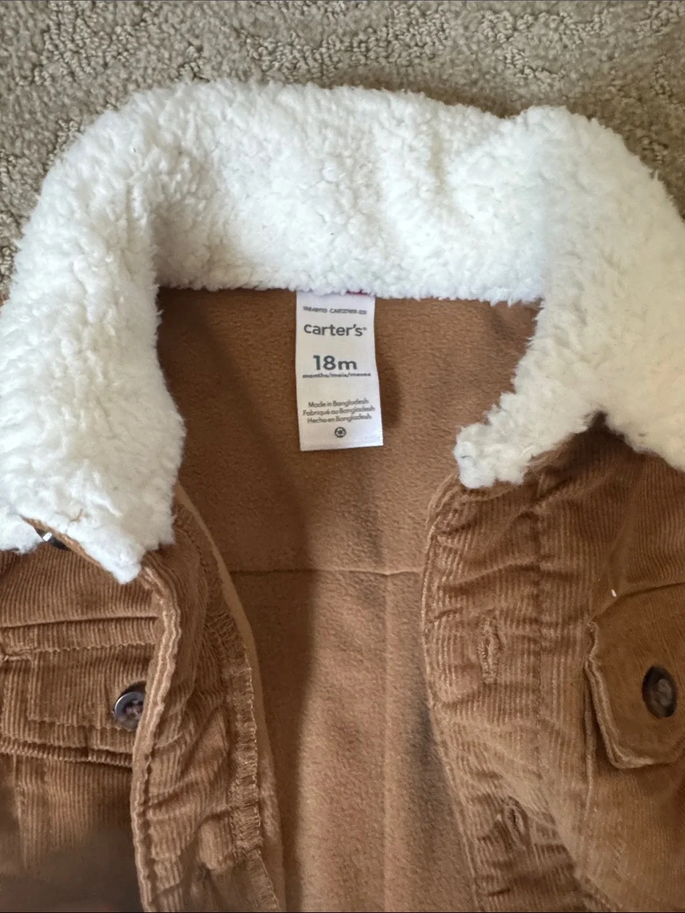 Carter's Brown Corduroy-Look One-Piece with White Sherpa Collar
